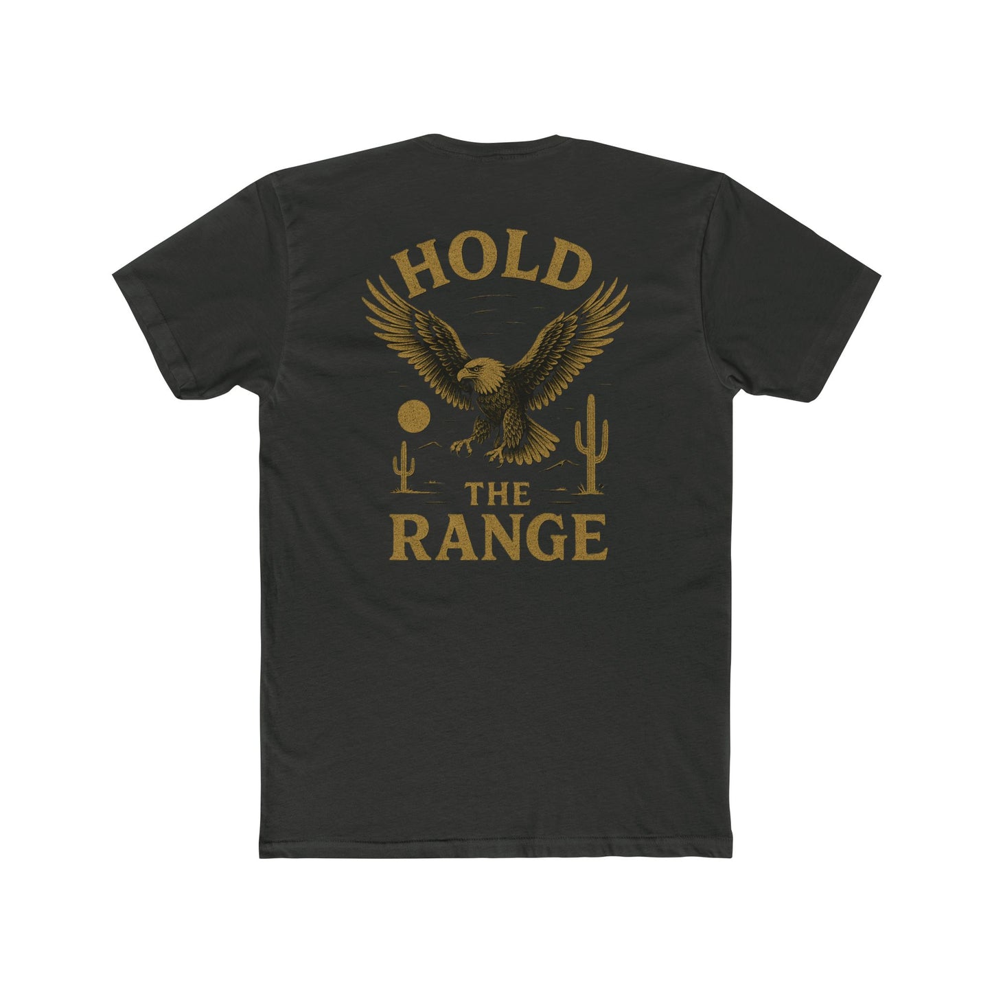 Vintage Black t-shirt with graphic of an eagle, desert landscape, and the words hold the range #vintageblack