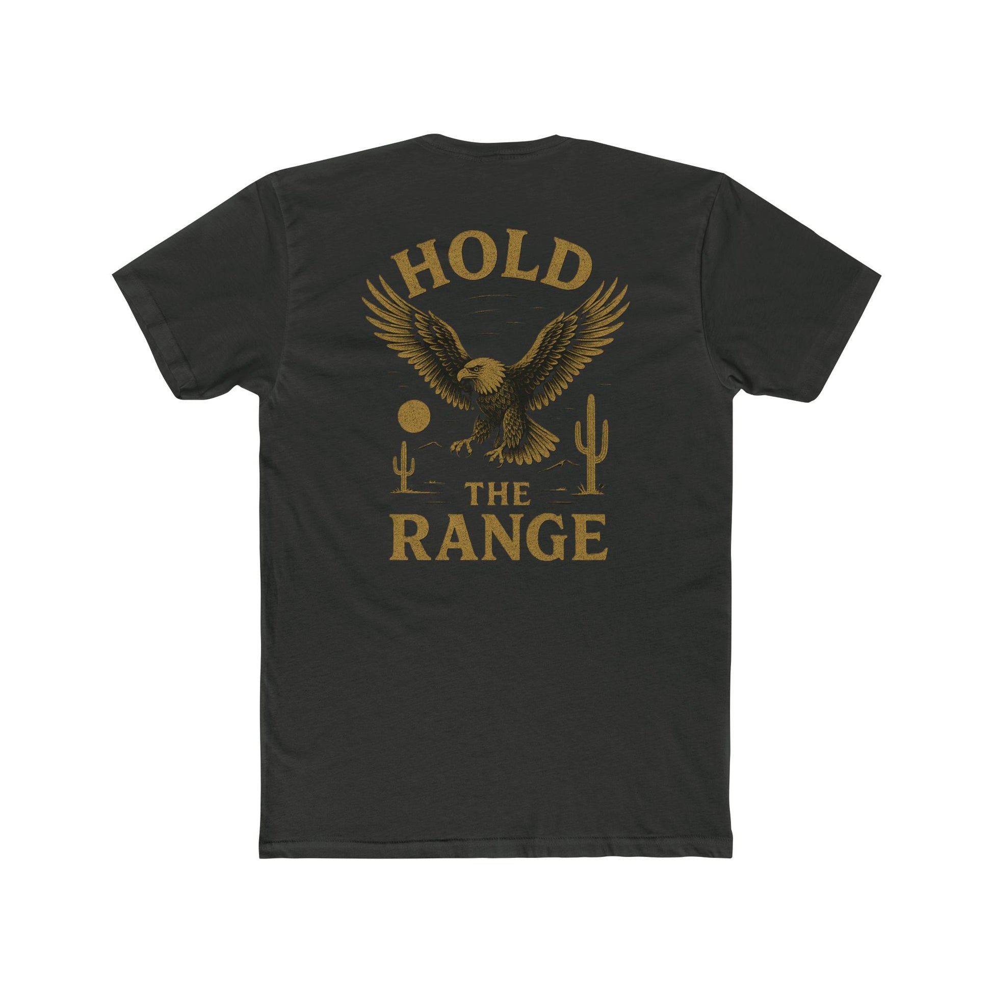 Vintage Black t-shirt with graphic of an eagle, desert landscape, and the words hold the range #vintageblack