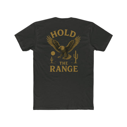 Vintage Black t-shirt with graphic of an eagle, desert landscape, and the words hold the range #vintageblack