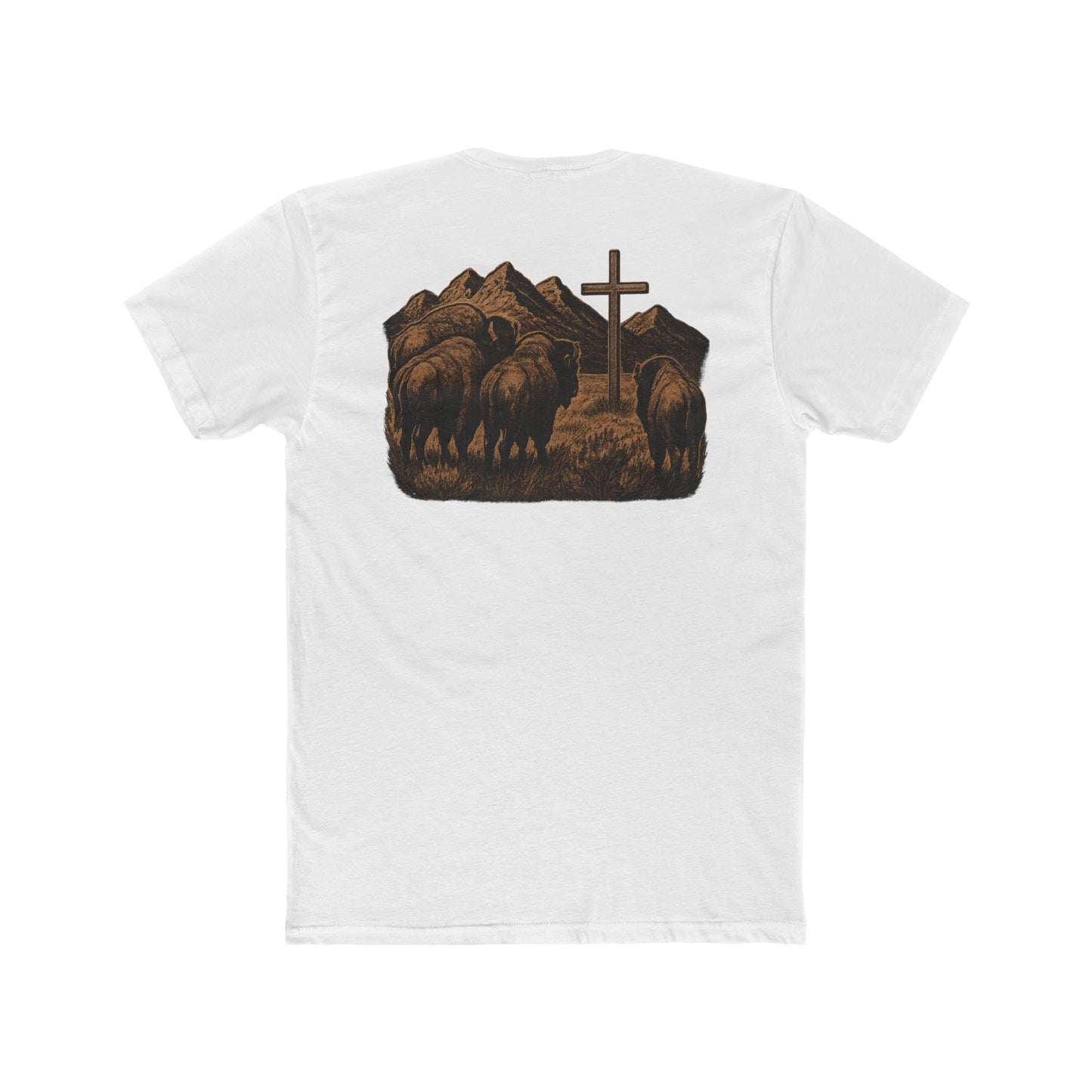 White t-shirt with bison staring at a cross on the plains by the mountains #white