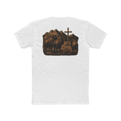 White t-shirt with bison staring at a cross on the plains by the mountains #white