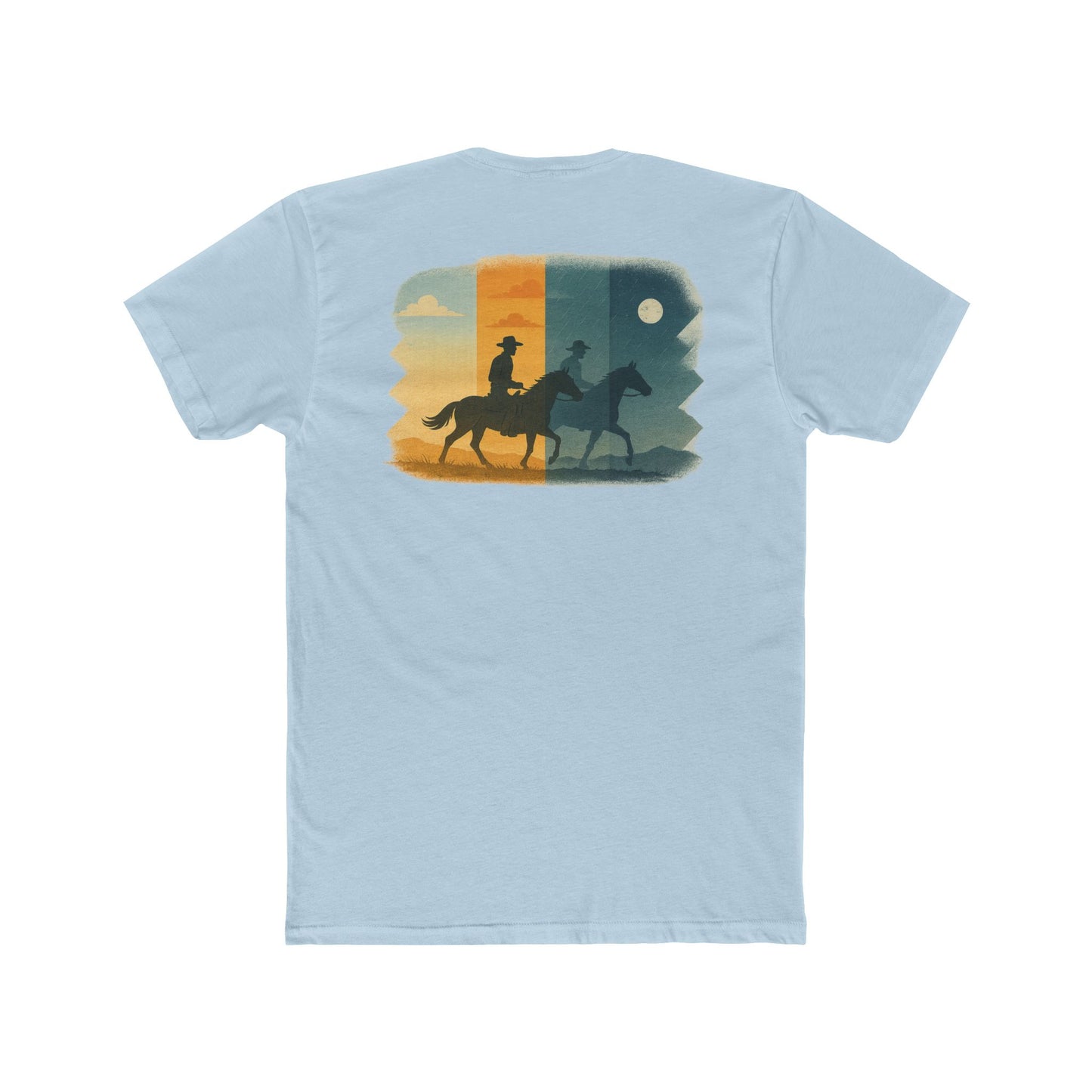 Light Blue t-shirt with graphic of cowboy riding through a desert landscape at different times of the day #lightblue