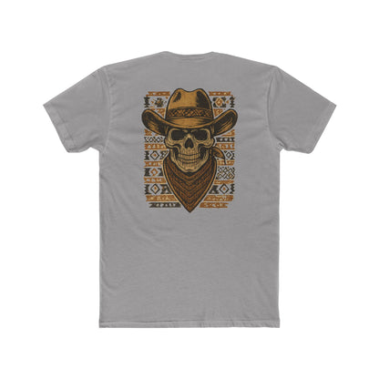 Gray t-shirt with graphic of a skull with cowboy hat and bandana surround by aztec print #gray