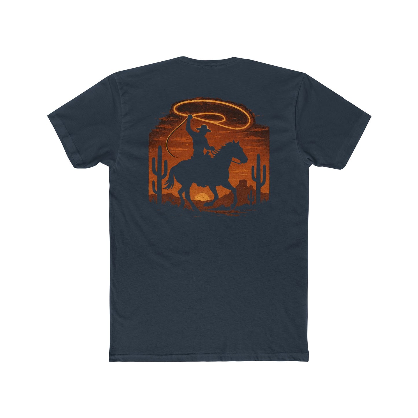 Indigo t-shirt with graphic of a cowboy twirling his lasso on a desert landscape at sundown #indigo