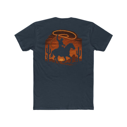Indigo t-shirt with graphic of a cowboy twirling his lasso on a desert landscape at sundown #indigo