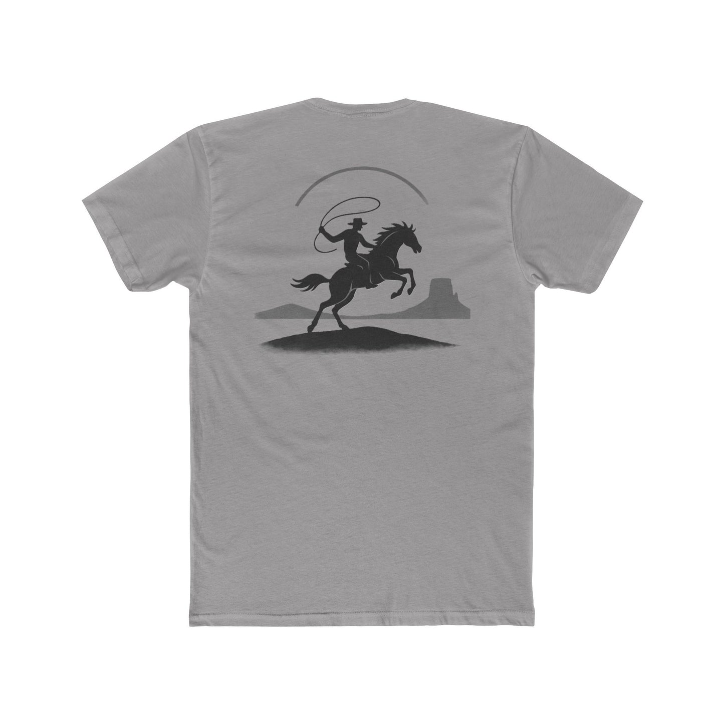 Gray t-shirt with graphic of silhouetted cowboy lassoing and desert landscape #gray