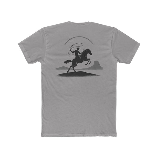 Gray t-shirt with graphic of silhouetted cowboy lassoing and desert landscape #gray
