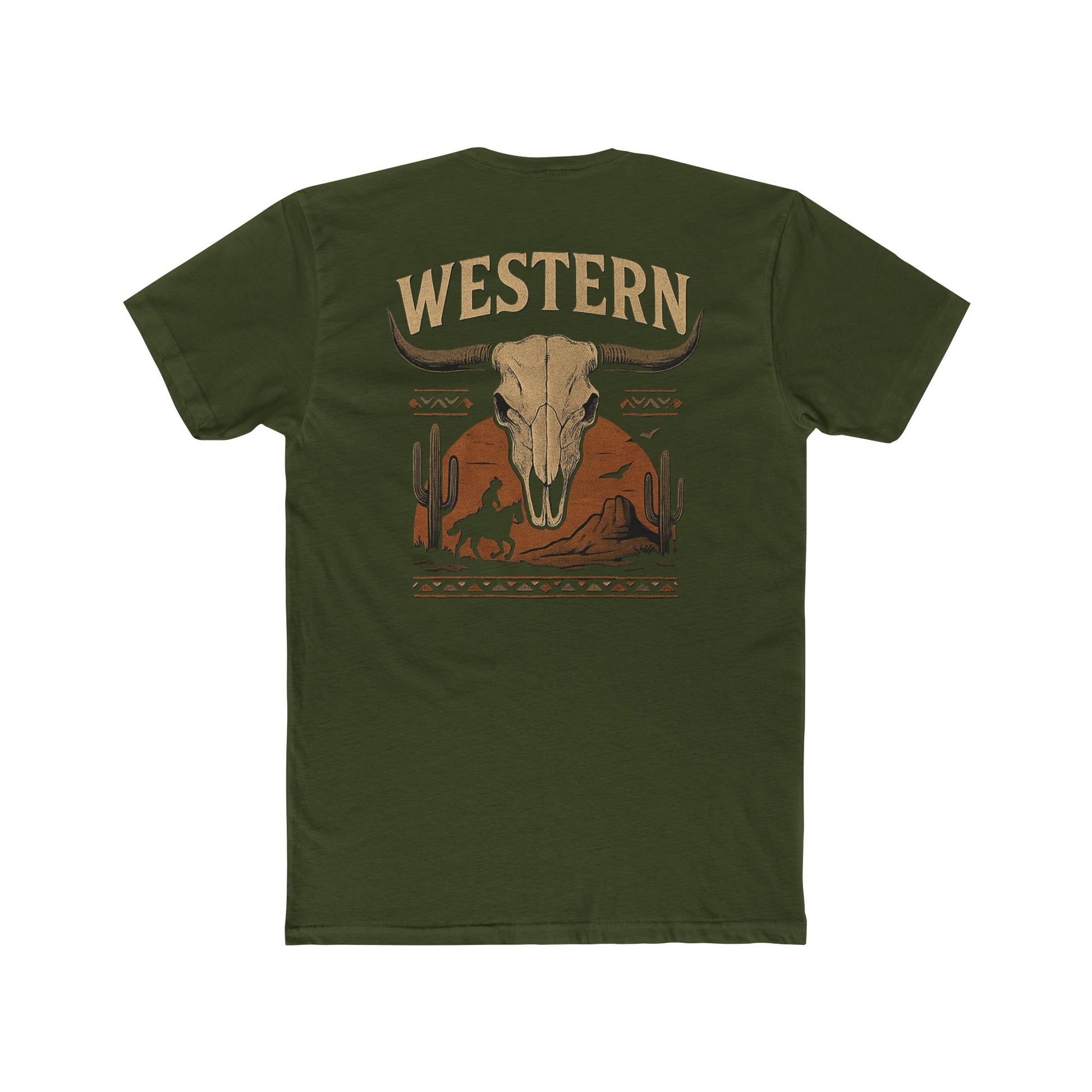 Military Green t-shirt with longhorn skull, aztec print, desert landscape, cacti, and cowboy silhouette with word Western across the top #militarygreen