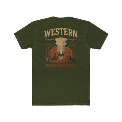 Military Green t-shirt with longhorn skull, aztec print, desert landscape, cacti, and cowboy silhouette with word Western across the top #militarygreen