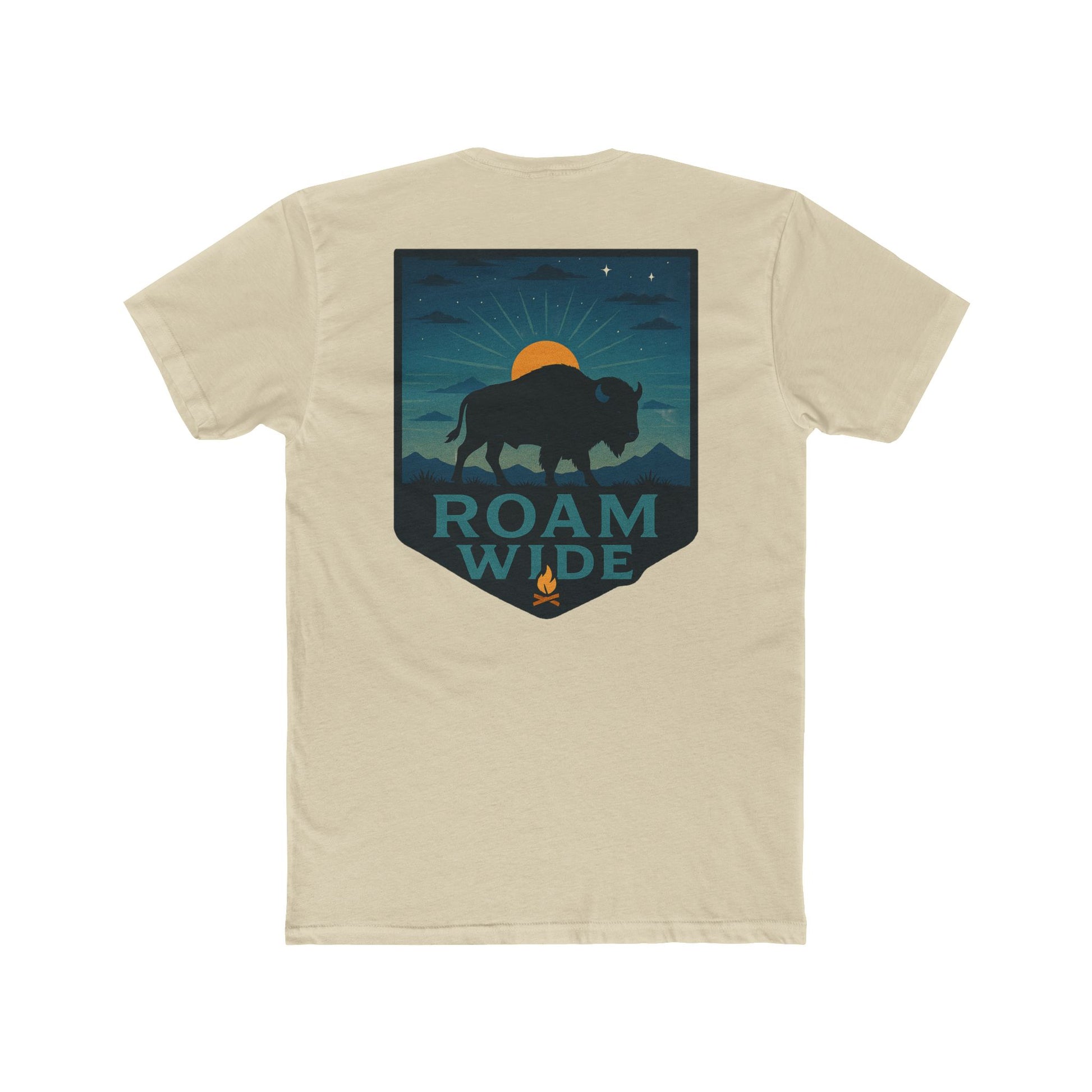Cream T-Shirt with graphic of bison, sun, mountains, and the words roam wide #cream