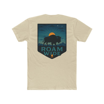 Cream T-Shirt with graphic of bison, sun, mountains, and the words roam wide #cream