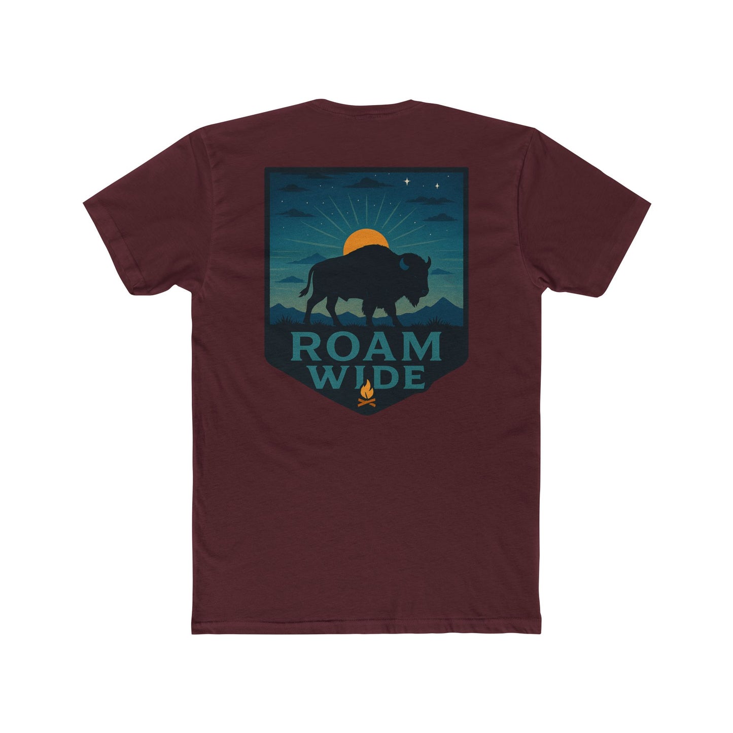 Maroon T-Shirt with graphic of bison, sun, mountains, and the words roam wide #maroon