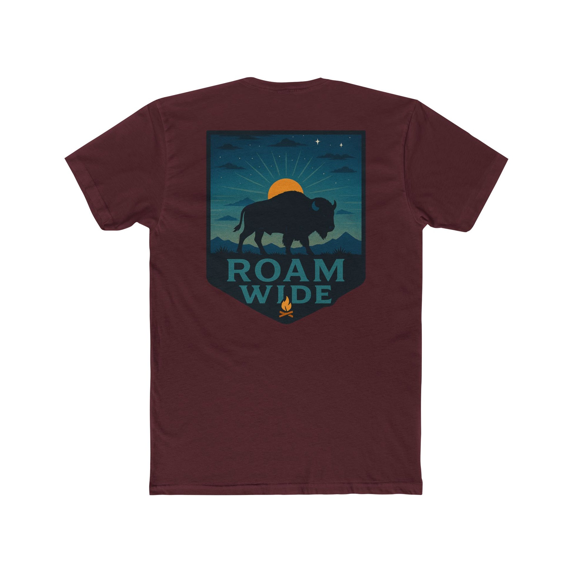 Maroon T-Shirt with graphic of bison, sun, mountains, and the words roam wide #maroon