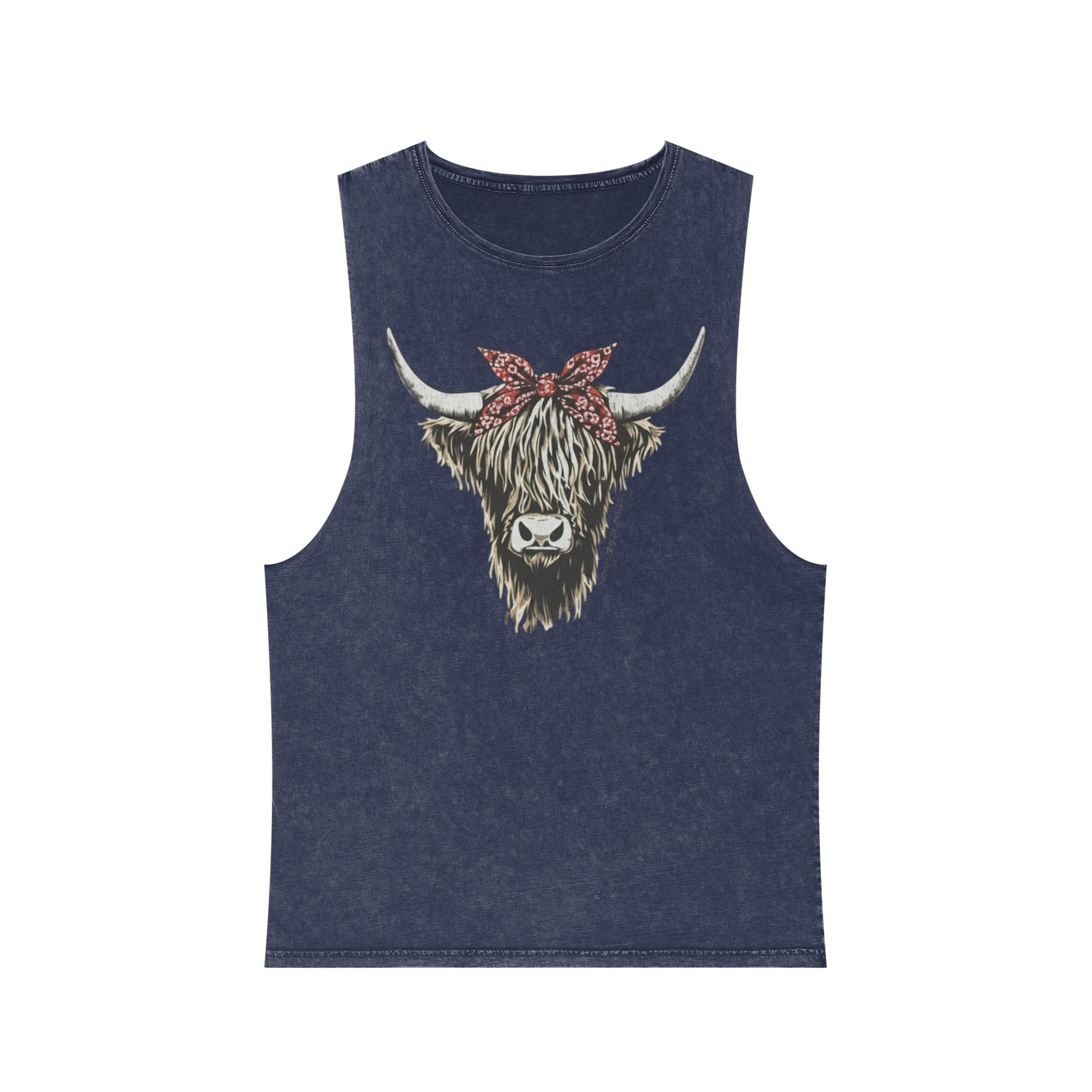 Blue Stone distressed washed tank top with a Highland cow in a red bandana bow graphic #bluestone