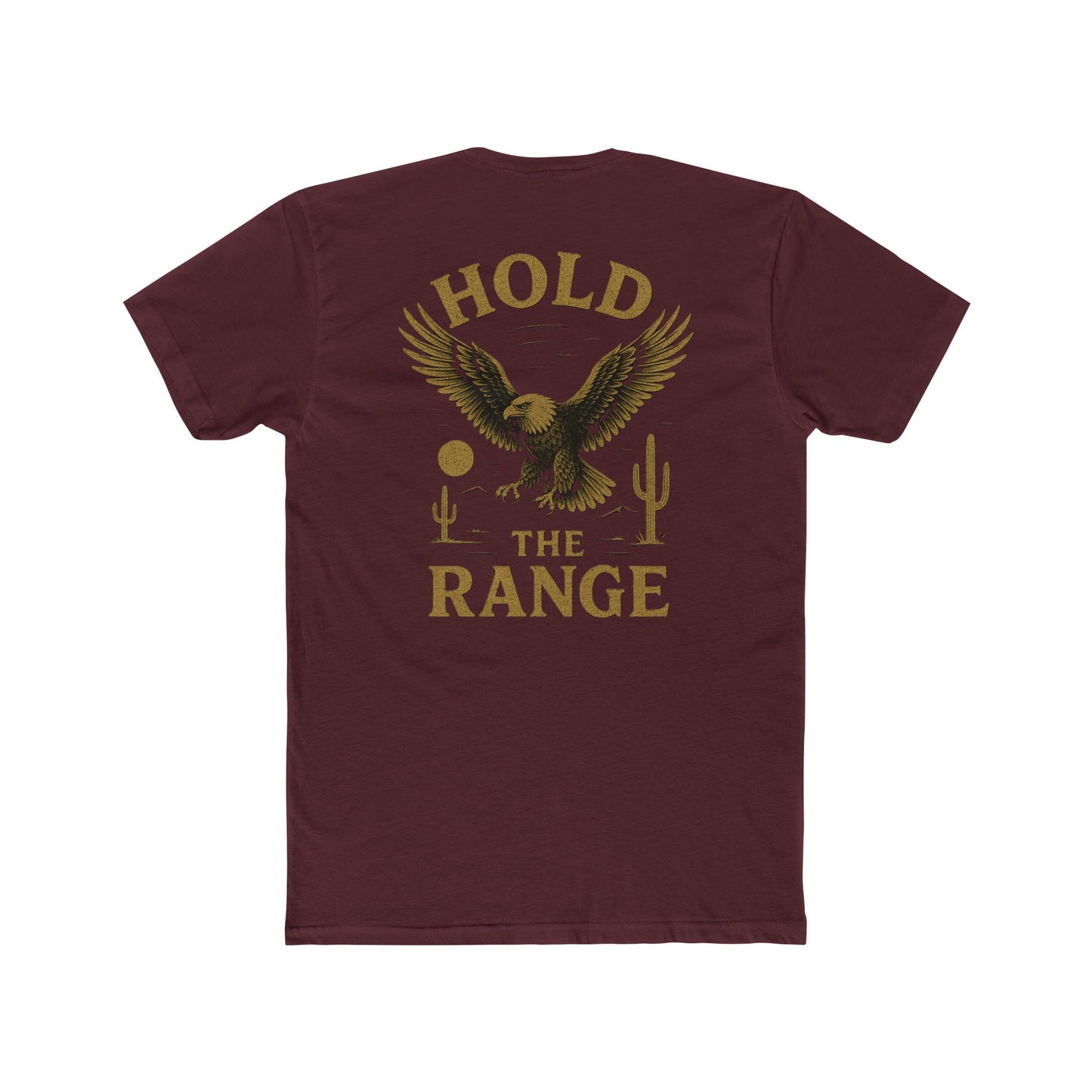 Maroon t-shirt with graphic of an eagle, desert landscape, and the words hold the range #maroon