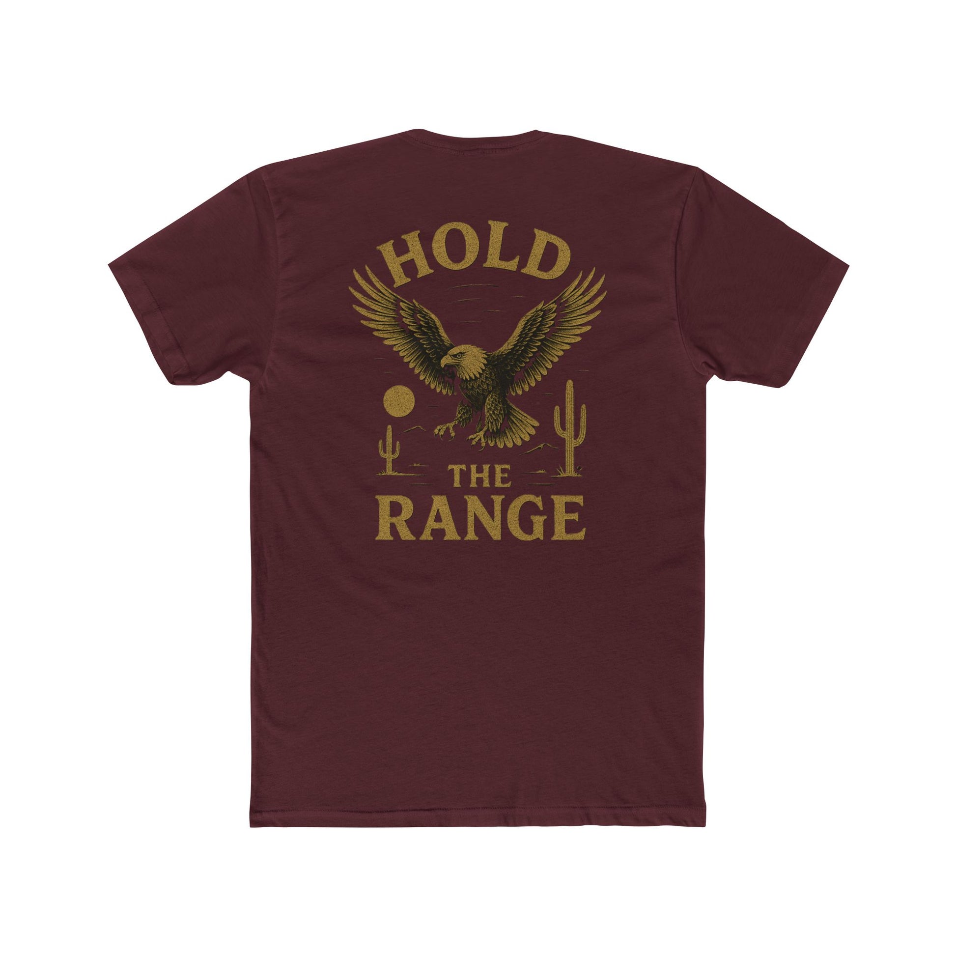 Maroon t-shirt with graphic of an eagle, desert landscape, and the words hold the range #maroon