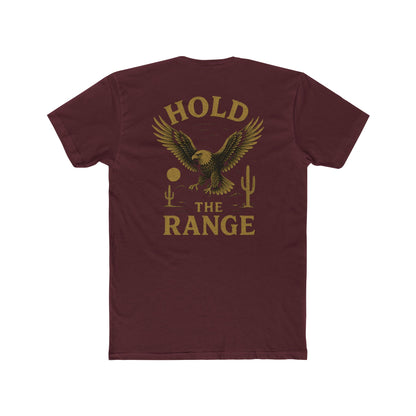 Maroon t-shirt with graphic of an eagle, desert landscape, and the words hold the range #maroon