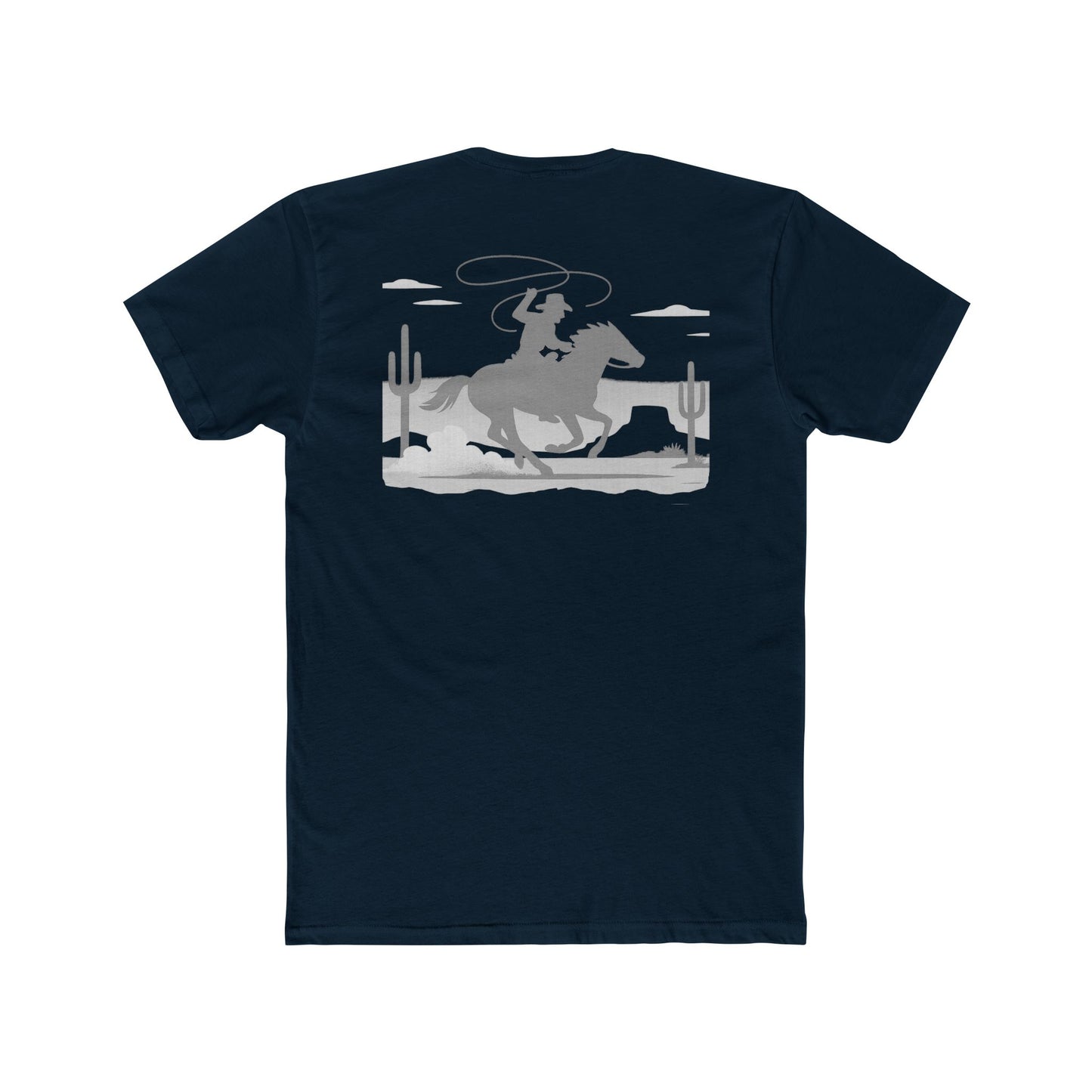 Midnight Navy t-shirt with horse and rider swirling a lasso on desert landscape graphic #midnightnavy