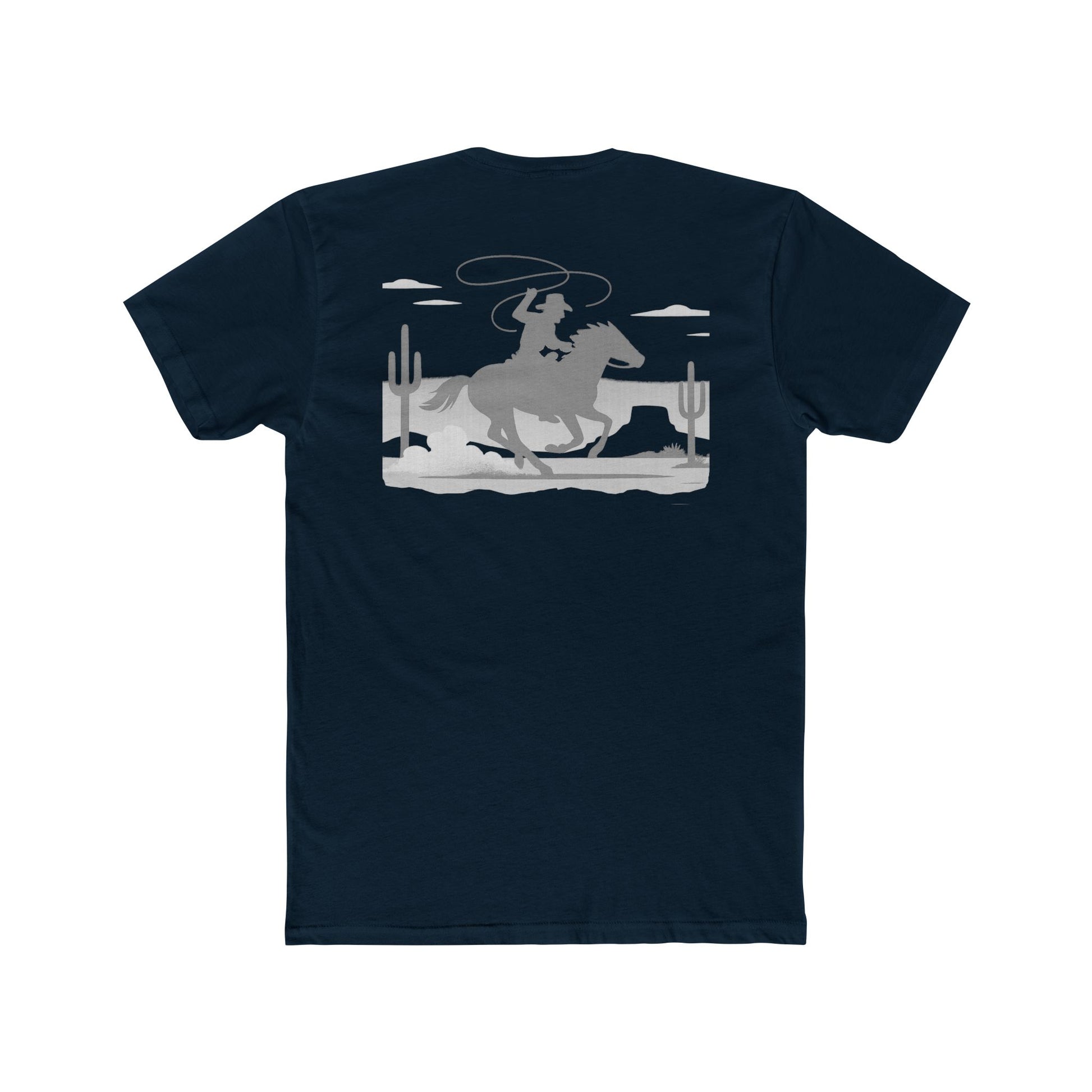 Midnight Navy t-shirt with horse and rider swirling a lasso on desert landscape graphic #midnightnavy