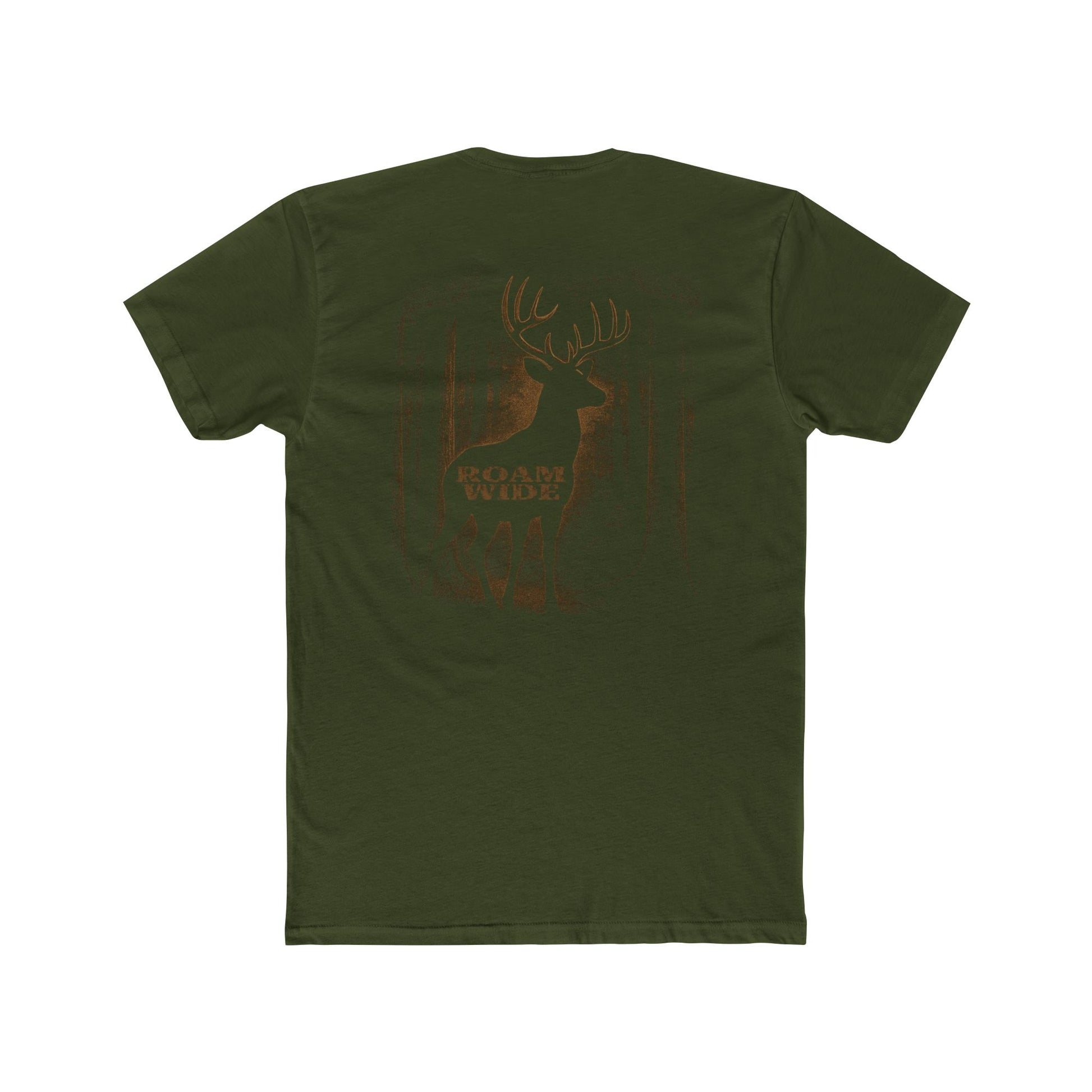 Military Green t-shirt with graphic design of a buck in the woods and words roam wide #militarygreen