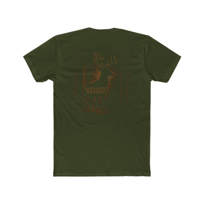 Military Green t-shirt with graphic design of a buck in the woods and words roam wide #militarygreen