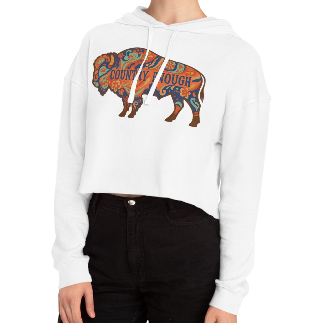 White crop hoodie with floral bison graphic and country enough text #white