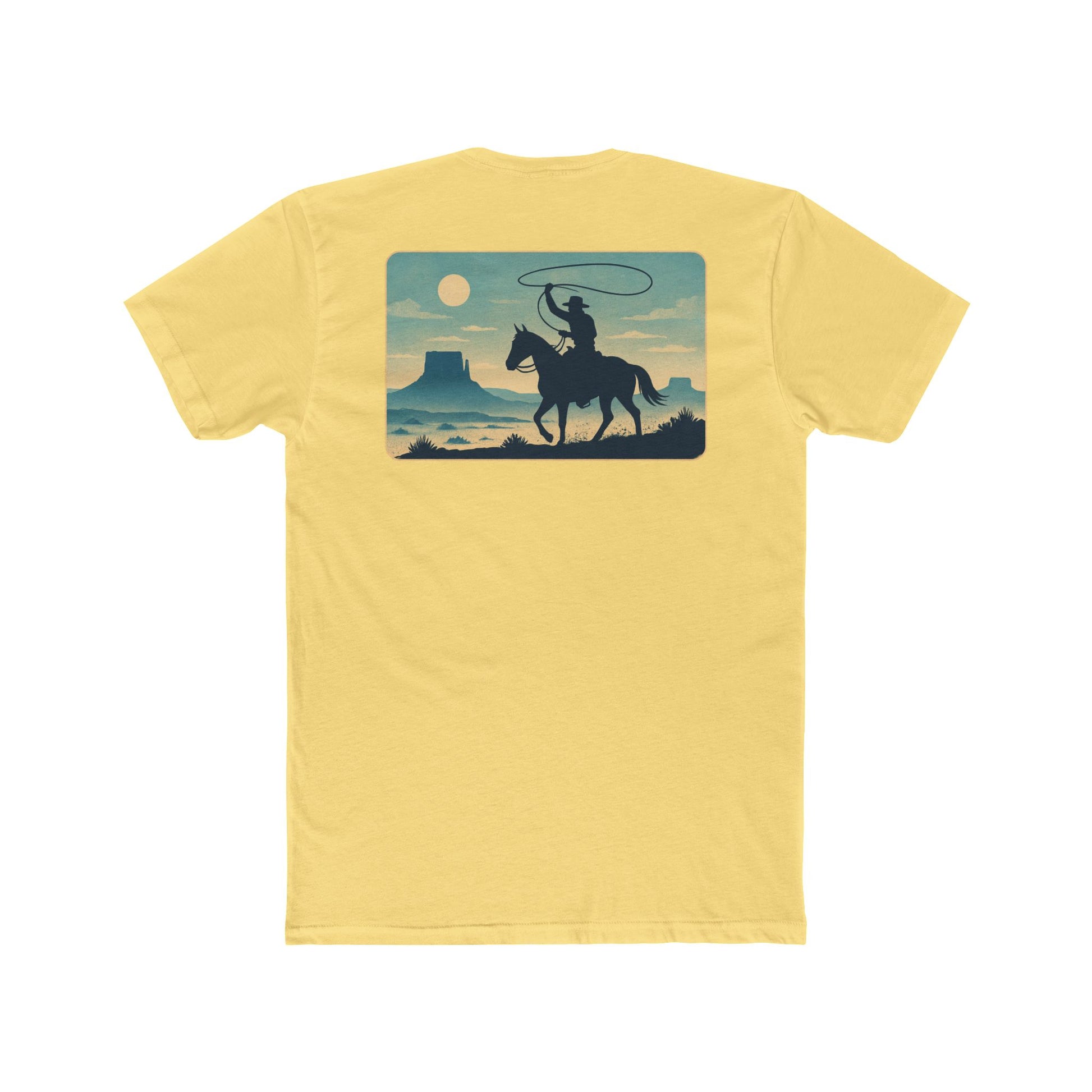 Yellow t-shirt featuring horse rider, western landscape, and sun #yellow