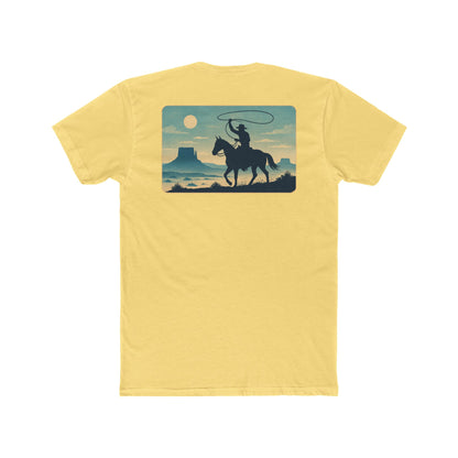 Yellow t-shirt featuring horse rider, western landscape, and sun #yellow