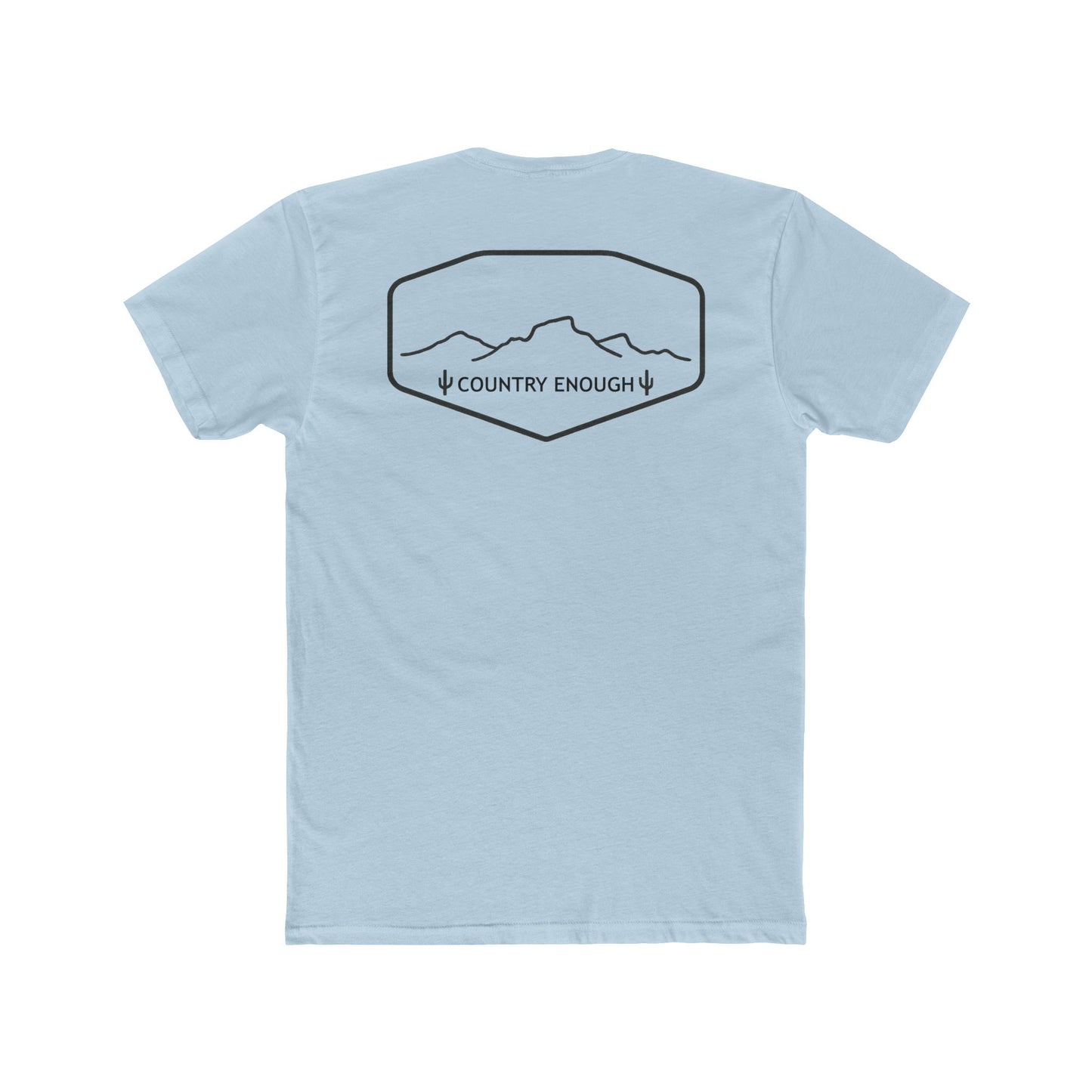 Light Blue t-shirt with graphic of a line mountain drawing, cacti and the words Country Enough #lightblue