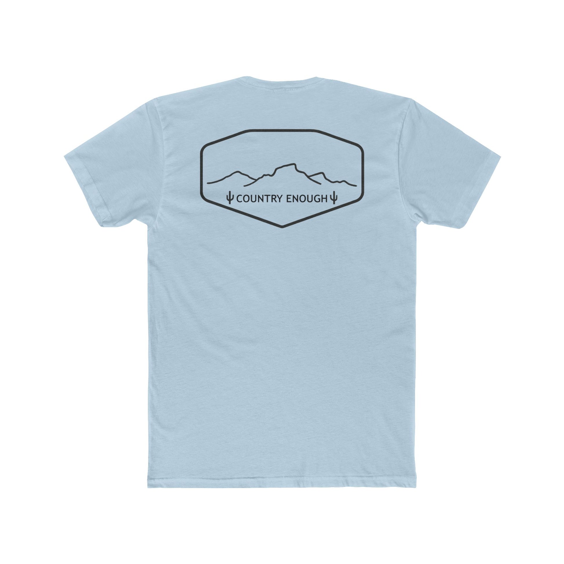 Light Blue t-shirt with graphic of a line mountain drawing, cacti and the words Country Enough #lightblue
