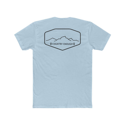 Light Blue t-shirt with graphic of a line mountain drawing, cacti and the words Country Enough #lightblue