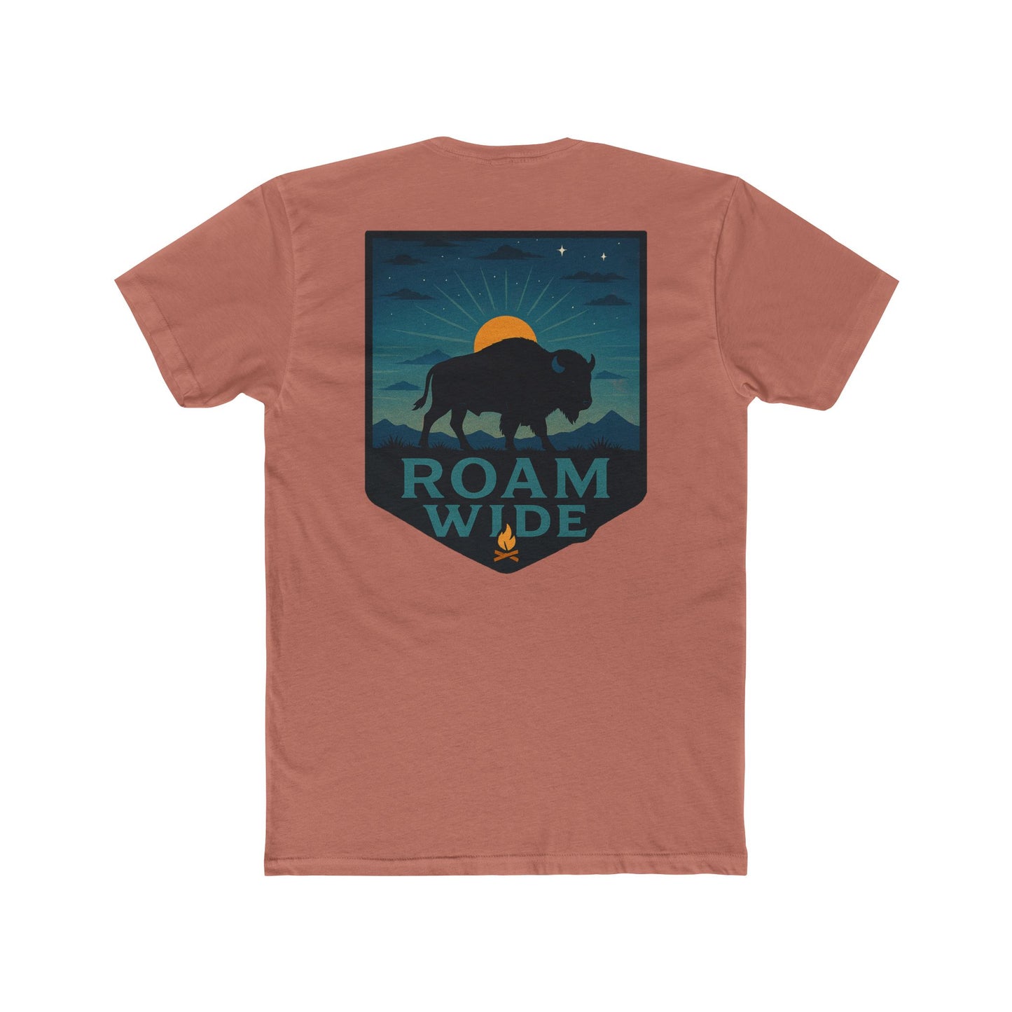 Desert Pink T-Shirt with graphic of bison, sun, mountains, and the words roam wide #desertpink