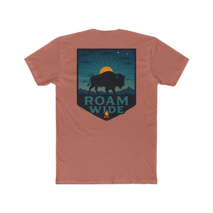 Desert Pink T-Shirt with graphic of bison, sun, mountains, and the words roam wide #desertpink