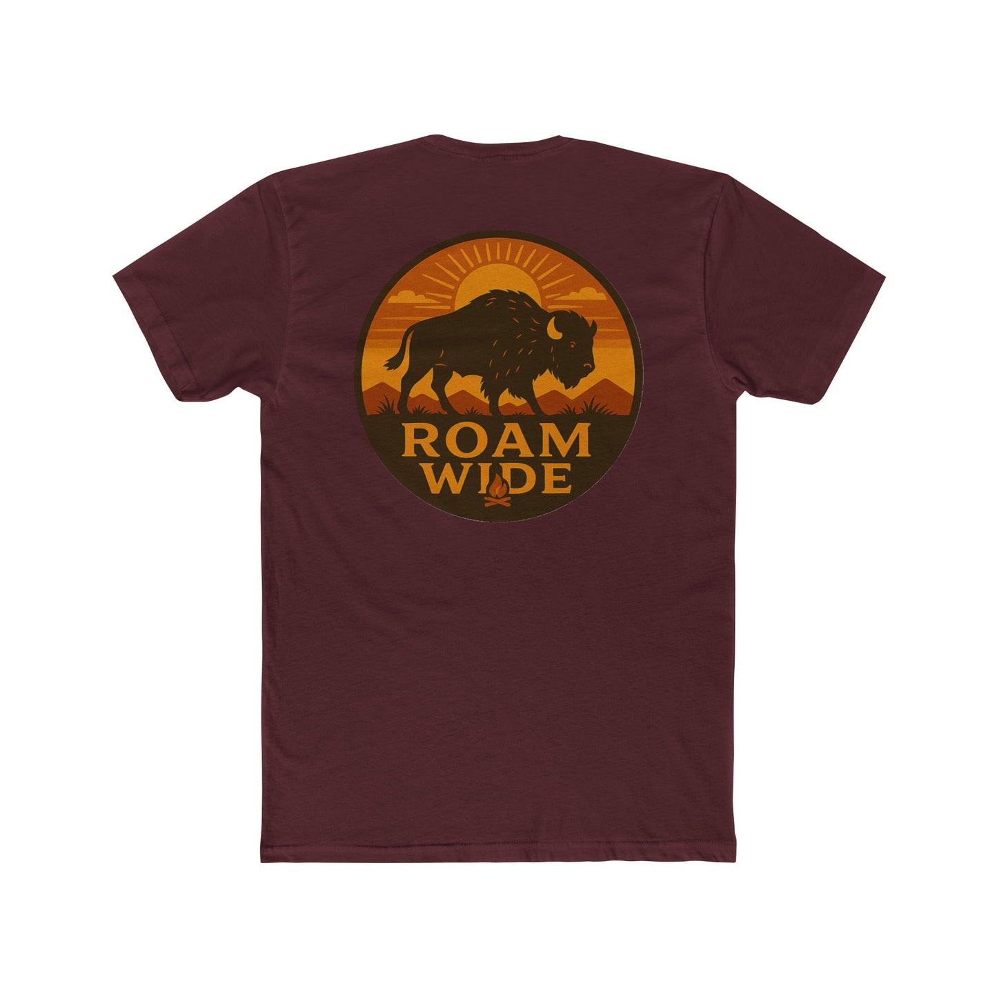 Maroon t-shirt with circular graphic with a bison, mountains, campfire, sun shining, and the words roam wide #maroon