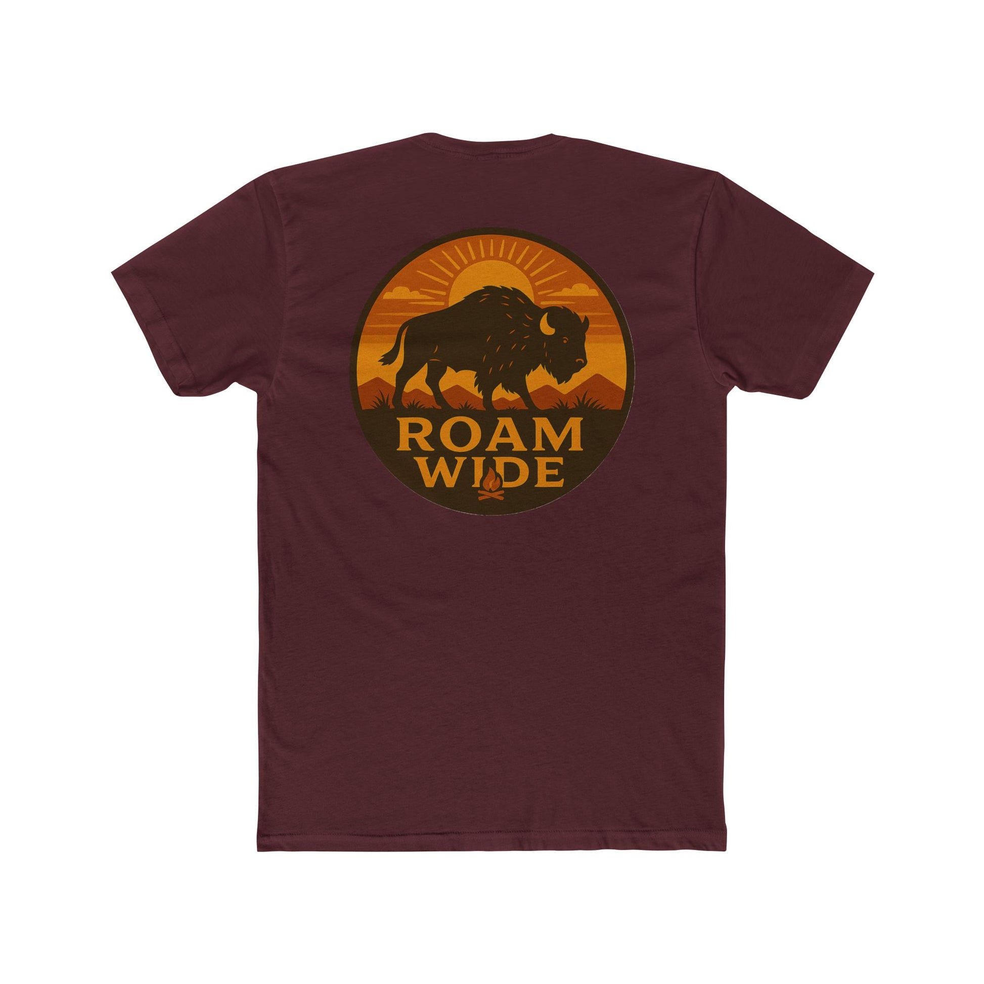 Maroon t-shirt with circular graphic with a bison, mountains, campfire, sun shining, and the words roam wide #maroon