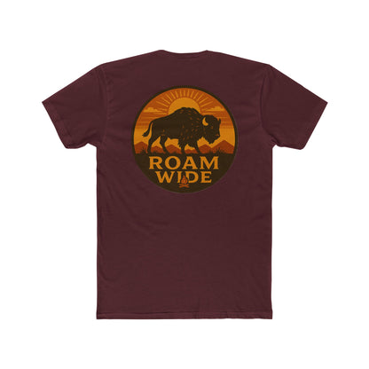 Maroon t-shirt with circular graphic with a bison, mountains, campfire, sun shining, and the words roam wide #maroon