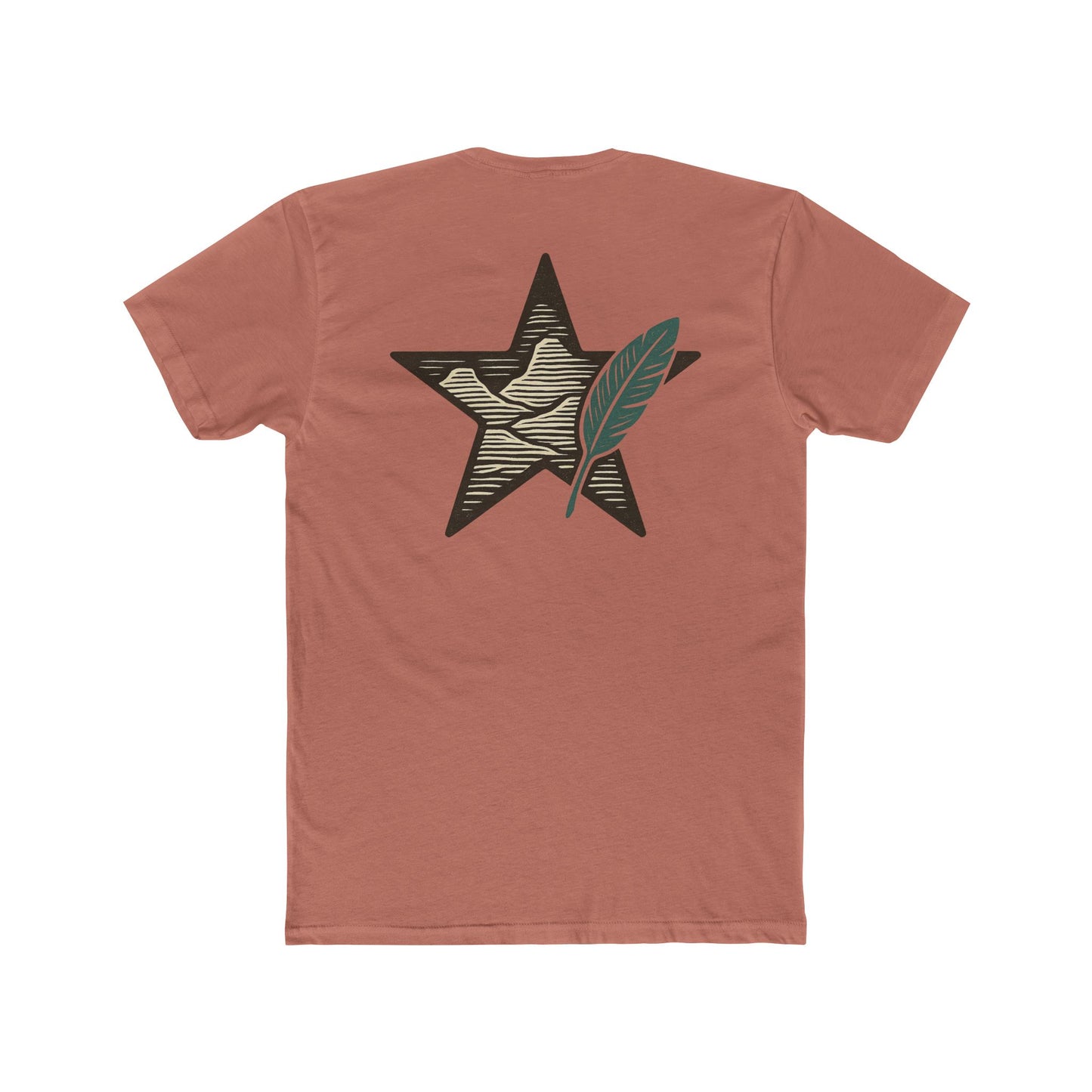 Desert Pink t-shirt with graphic of a big star, mountain design inside the star, and large feather overlapping #desertpink