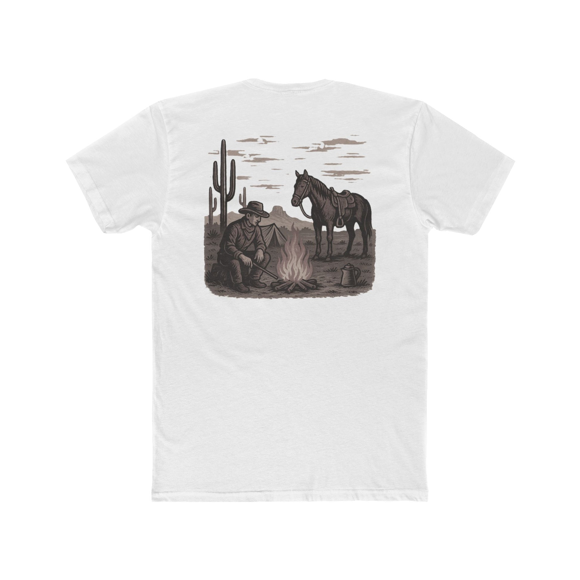 White t-shirt with graphic of cowboy and horse sitting at a campfire in a desert landscape #white