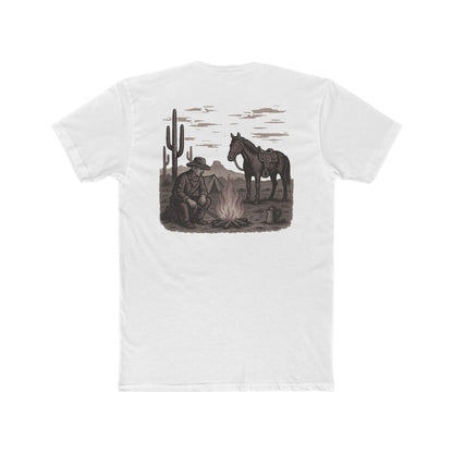White t-shirt with graphic of cowboy and horse sitting at a campfire in a desert landscape #white