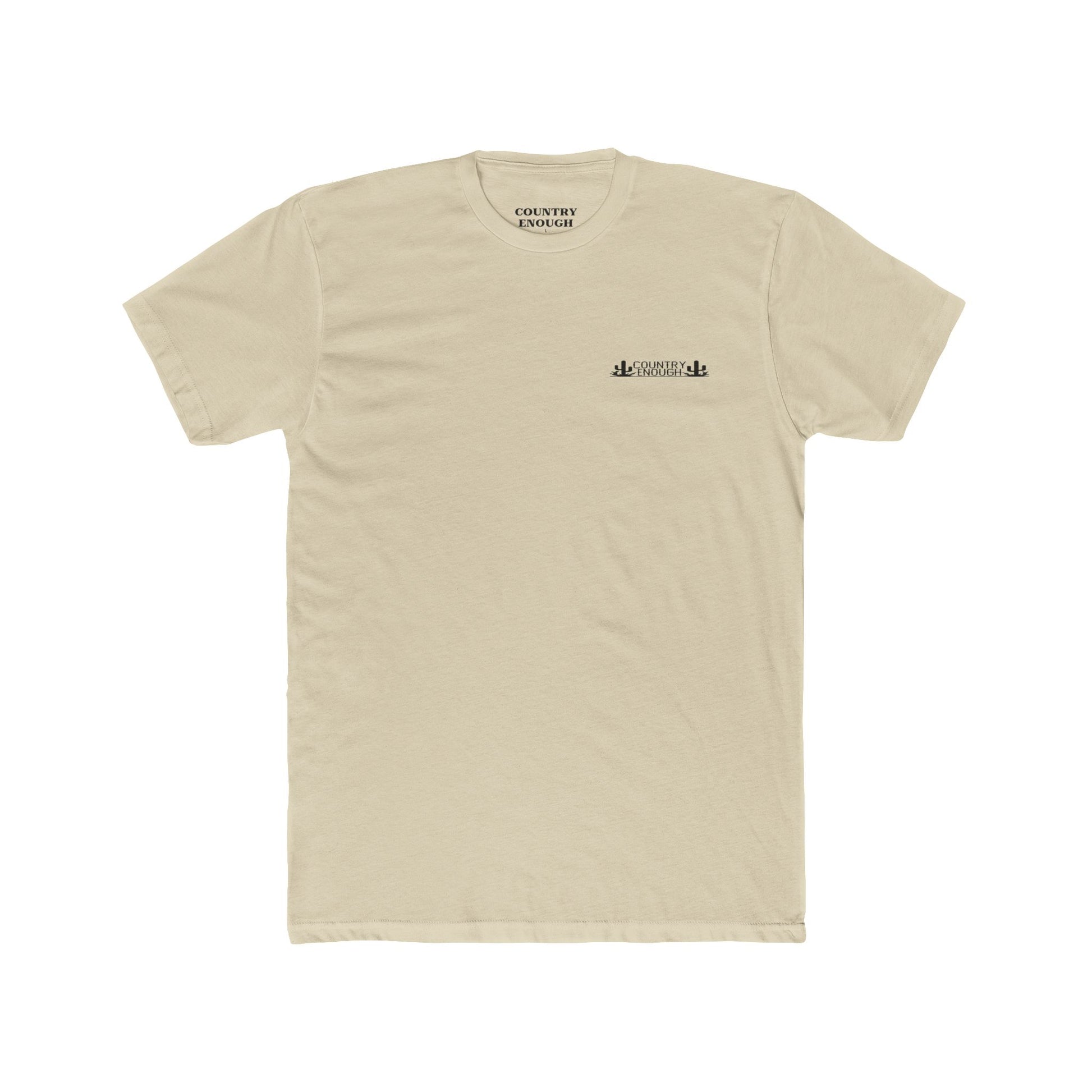 Cream t-shirt with mountain peaks, an open road, and desert cacti graphic #cream