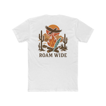White t-shirt with graphic of a campfire, bird, sun, cacti, and mountains in the desert with the words roam wide #white