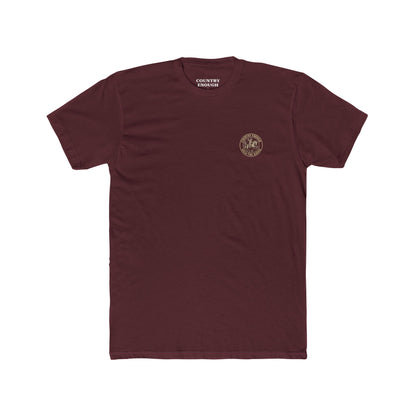 Maroon t-shirt with graphic of monochrome horse rider, lasso, and western landscape #maroon