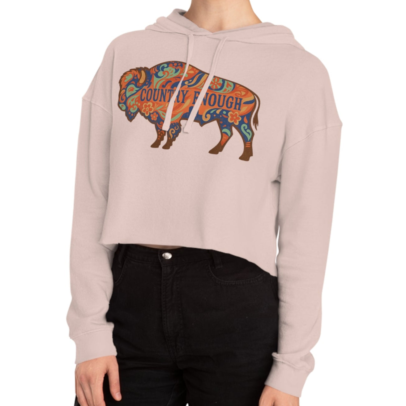 Pale Pink crop hoodie with floral bison graphic and country enough text #palepink