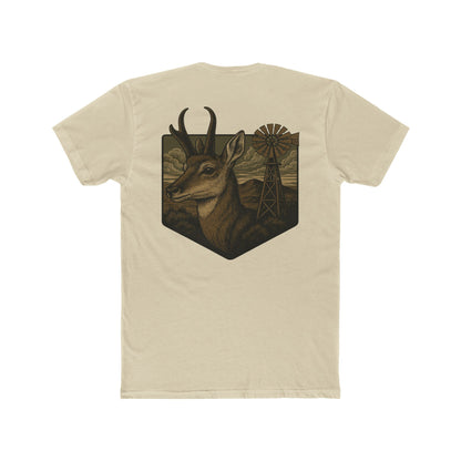Cream t-shirt with graphic of pronghorn and windmill over an open range #cream