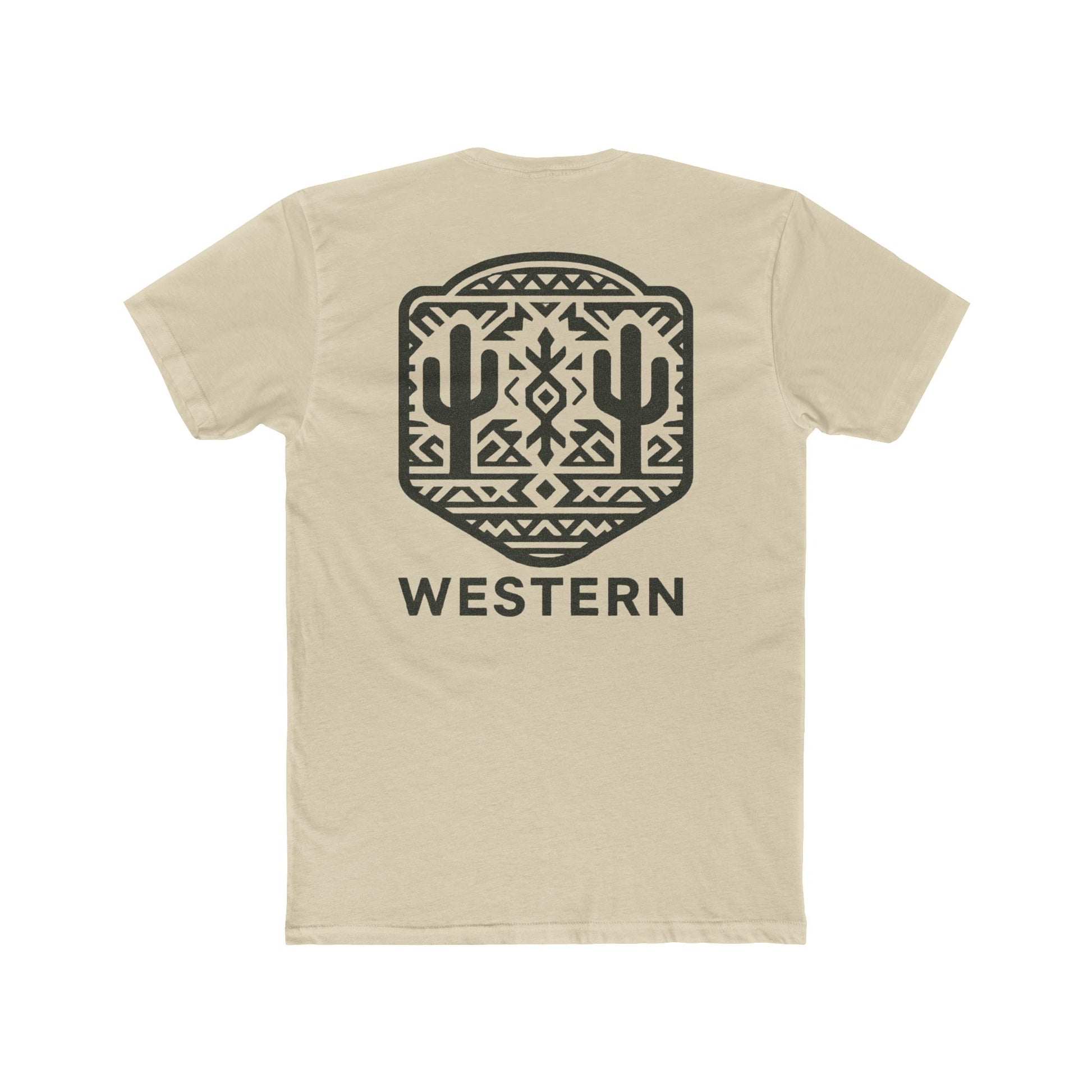Cream t-shirt with graphic of mirrored cacti surrounded by aztec pattern and enclosed in a geometric border with word western below #cream