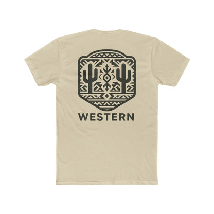 Cream t-shirt with graphic of mirrored cacti surrounded by aztec pattern and enclosed in a geometric border with word western below #cream