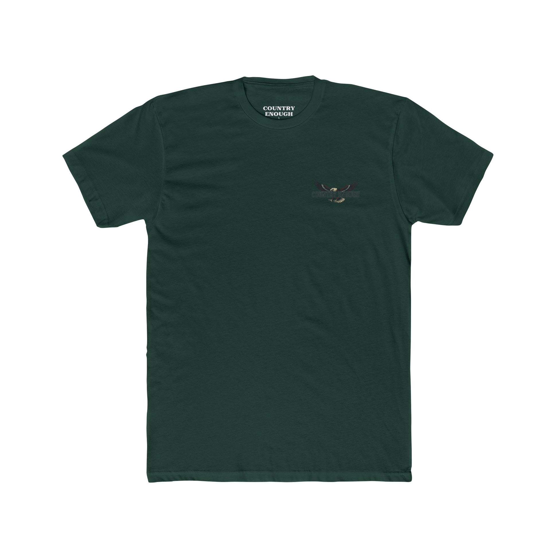 Forest Green t-shirt featuring graphic of an eagle, mountains, and the words American Frontier Est 1776 #forestgreen