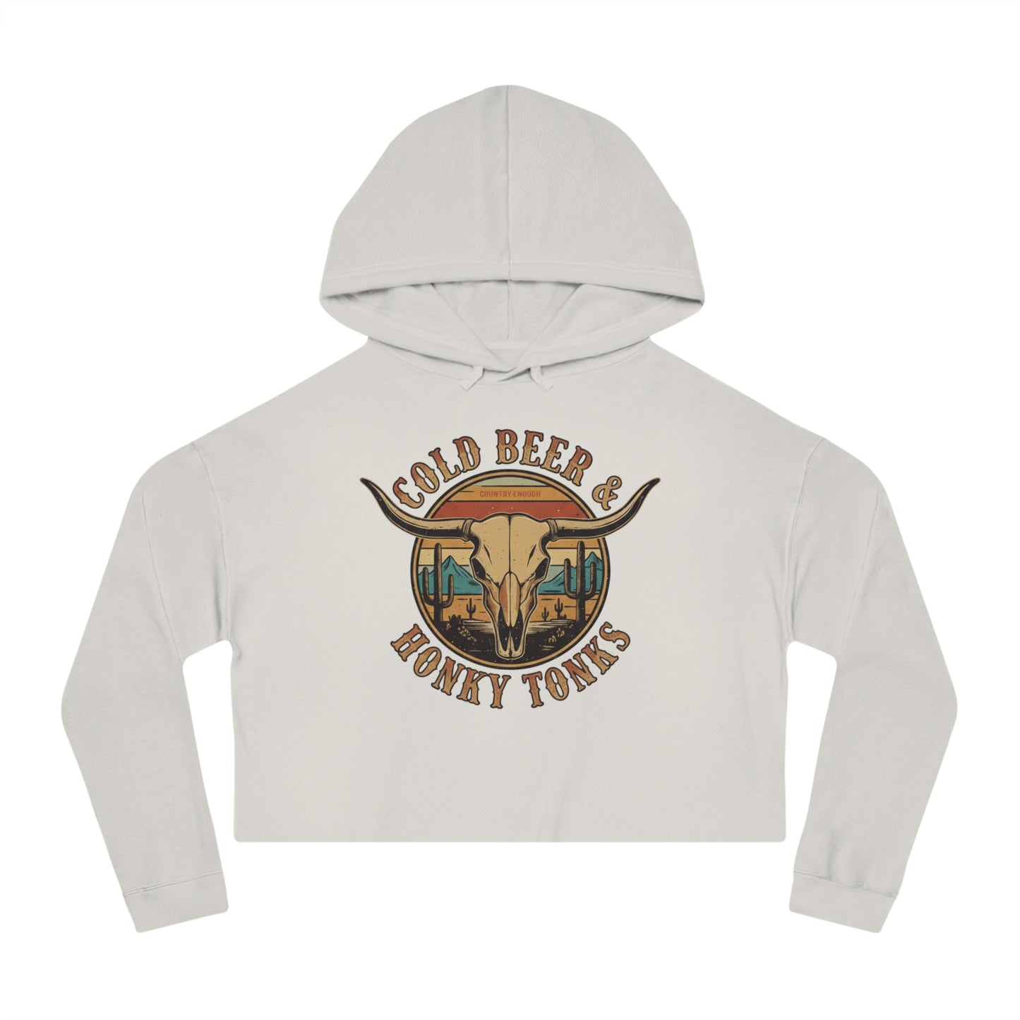 Bone crop hoodie with graphic of longhorn, cacti, and mountains over a retro background with words cold beer and honky tonks #bone