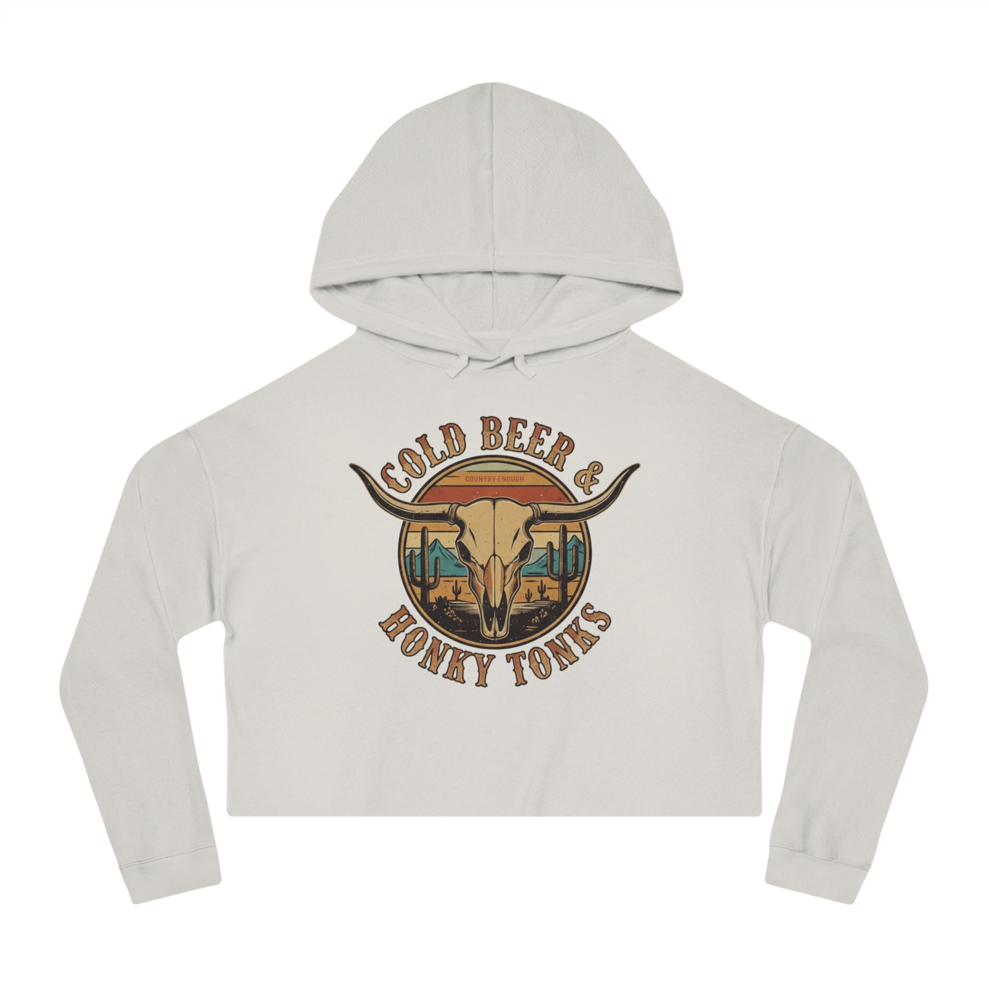 Bone crop hoodie with graphic of longhorn, cacti, and mountains over a retro background with words cold beer and honky tonks #bone