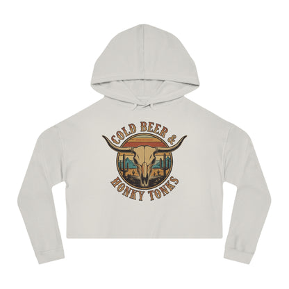 Bone crop hoodie with graphic of longhorn, cacti, and mountains over a retro background with words cold beer and honky tonks #bone